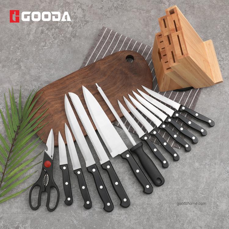 Ensemble de 14 couteaux de cuisine à steak avec bloc de couteaux en bois